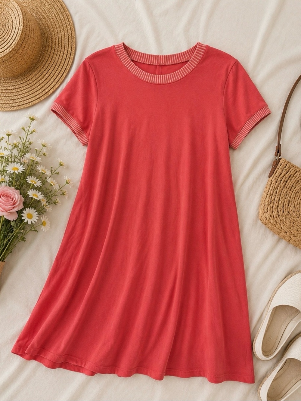 Tres Bien Coral Rib-Trim Short Sleeve Swing T- Shirt Dress